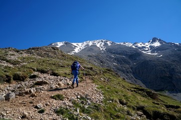 Fototapeta premium Wanderin auf dem Weg zum Plattkofel