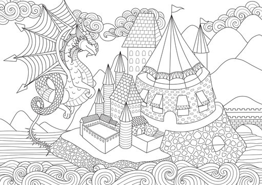Dragon flying above beautiful castle for adult coloring book page