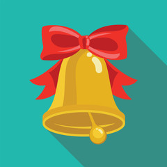 Golden bell with bow flat style with long shadow isolated on green background. Bell vector sign symbol
