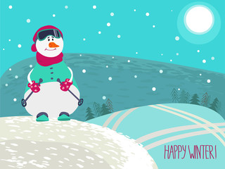 Snowman skiing in crimson hat and scarf. Happy winter! The sun is shining, snow, traces from skiing in the forest. Vector illustration can be used for greeting cards, posters, stickers.