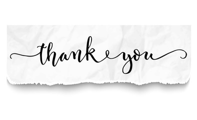 Hand lettering thank you inscription on crumpled piece of paper background. Vector illustration. Can be used for card design.