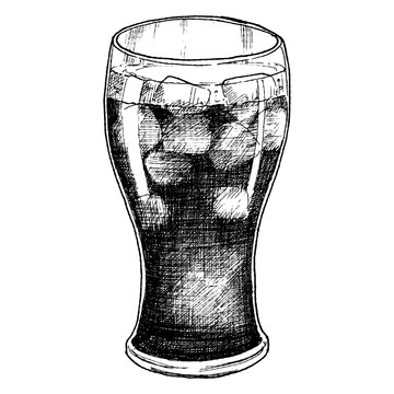 Sketch ink graphic glass with cola with ice drink illustration, vector  draft silhouette drawing, black on white background. Delicious vintage  etching food design. Stock Vector | Adobe Stock