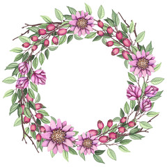Obraz premium Wreath with Watercolor Wild Flowers and Berries