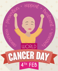 Victorious Young Lady Celebrating World Cancer Day in Flat Style, Vector Illustration