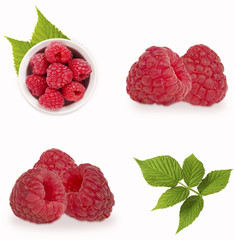 Raspberries set isolated on white background. Collage of raspberries. Raspberry close-up with leaves. Vegetarian or healthy eating. Juicy and delicious raspberries in different angles.