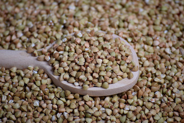 Buckwheat in a wooden spoon close-up