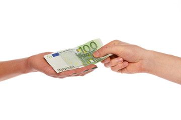 man hand give 100 euro banknote to woman hand isolated on white