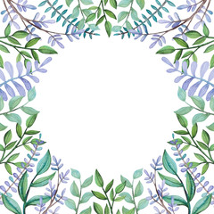 Square Frame with Watercolor Violet and Green Leaves