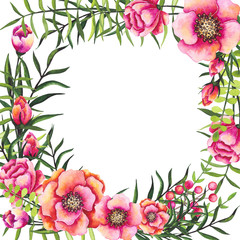 Frame with Watercolor Wild Flowers and Green Leaves