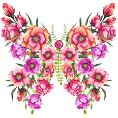 Floral Butterfly with Watercolor Red and Pink Flowers