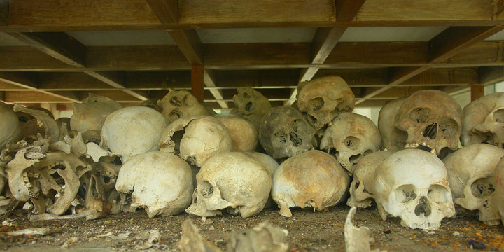 A commemorative stupa filled with the skulls of the victims at the Killing Field of Choeung Ek.
