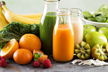 Variety of fresh vegetable and fruit juices