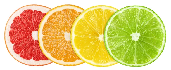 Poster Scheiben von Zitrusfrüchten. Grapefruit, Orange, Zitrone, Limette, isoliert auf weiss © artemkutsenko