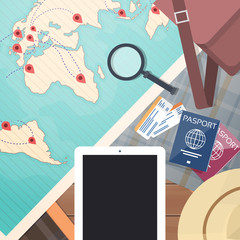 Ticket Boarding Pass Travel Document World Map With Pins Vacation Concept Flat Vector Illustration