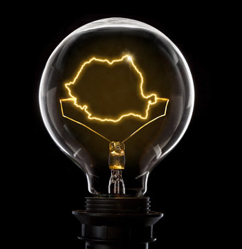 Lightbulb with a glowing wire in the shape of Romania (series)