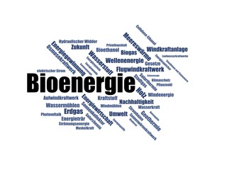 Bioenergie - Wortwolke word cloud - Erneuerbare Energien, Bilder mit häufig verwendeten Begriffen aus dem Bereich erneuerbare Energien