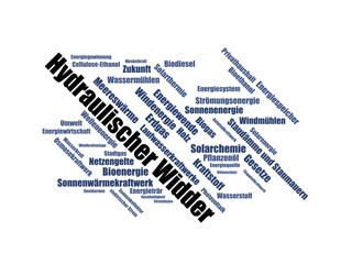 Hydraulischer Widder - Wortwolke word cloud - Erneuerbare Energien, Bilder mit häufig verwendeten Begriffen aus dem Bereich erneuerbare Energien