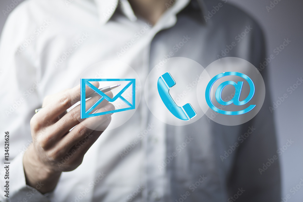 Poster business man hand message,phone and @mail mark in screen