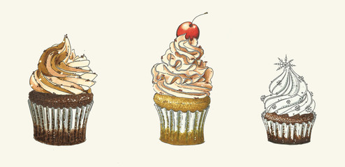 hand-drawn illustration of three different cupcakes