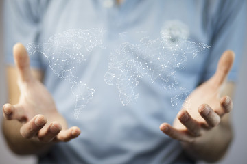 businessman touching a world map on the screen