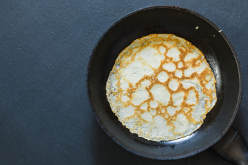 Pancake in a frying pan.