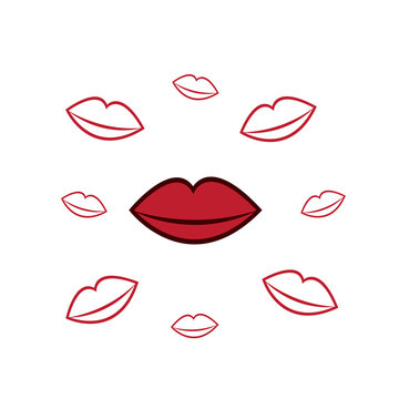 Red lips surrounded by floating kisses
