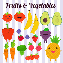 Fototapeta premium Cute kawaii smiling fruits and vegetables on blue background. Healthy style collection. Vector illustration.