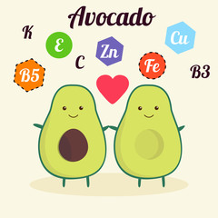 Illustration with funny character. Cute and healthy food. Vitamins contained in avocado. Fruit with kawaii face. Vector cartoon