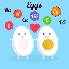 Illustration with funny character. Cute and healthy food. Vitamins contained in eggs. Food with kawaii face. Vector cartoon.