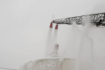 fire hose with water pressure, firefighters demonstration of fir