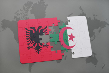 puzzle with the national flag of albania and algeria on a world map