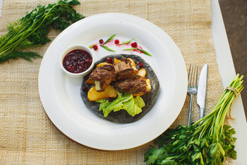 meat with greens on a cake the background of nature. Picnic