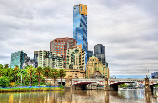 Skyline of Melbourne along the Yarra River and Princes Bridge - Australia