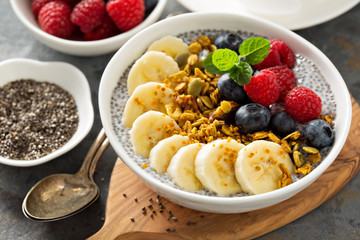 Vanilla chia pudding in a bowl with fresh fruit