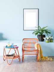 interior blue room style with frame and metal chiar