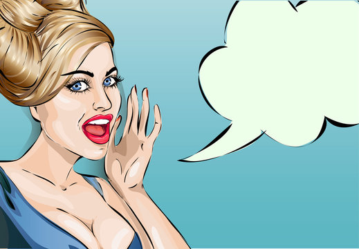 Pin up style woman with speech bubble, pop art girl portrait, vector illustration