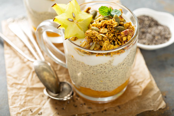 Chia pudding with exotic fruits and granola