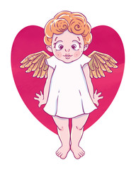 Valentine's day. Confused Cupid-girl with gold wings and heart shape. Vector illustration