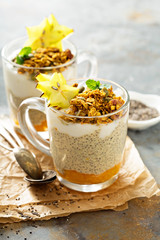 Chia pudding with exotic fruits and granola