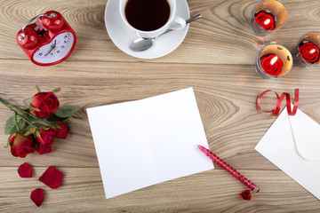 Valentines Day Concept with a white blank valentines card to add copy