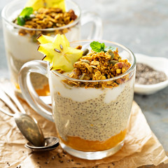 Chia pudding with exotic fruits and granola