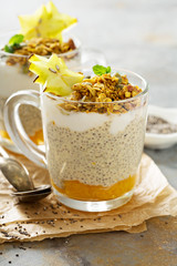 Chia pudding with exotic fruits and granola
