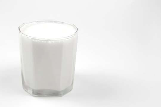 glass milk on white background with copy space