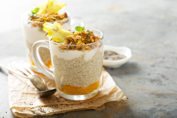 Chia pudding with exotic fruits and granola