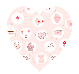 A pink vector heart card with drawings for Valentine's day