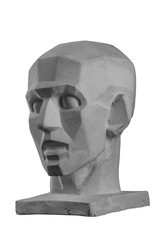 plaster statue of a human skull and head with an angular outline graphic.