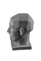 plaster statue of a human skull and head with an angular outline graphic.