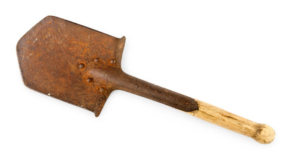 Old rusty army infantry shovel, isolated on white background