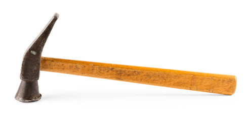 Old hammer with a wooden handle isolated on white background