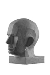 plaster statue of a human skull and head with an angular outline graphic.